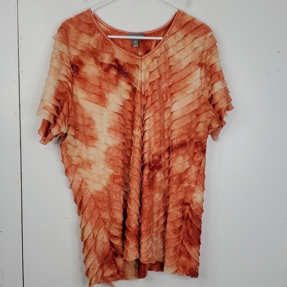 Essentials Tops - Vintage Short Sleeve Blouse Ruffles Bright Fairy Orange High V Neck Womens 2X